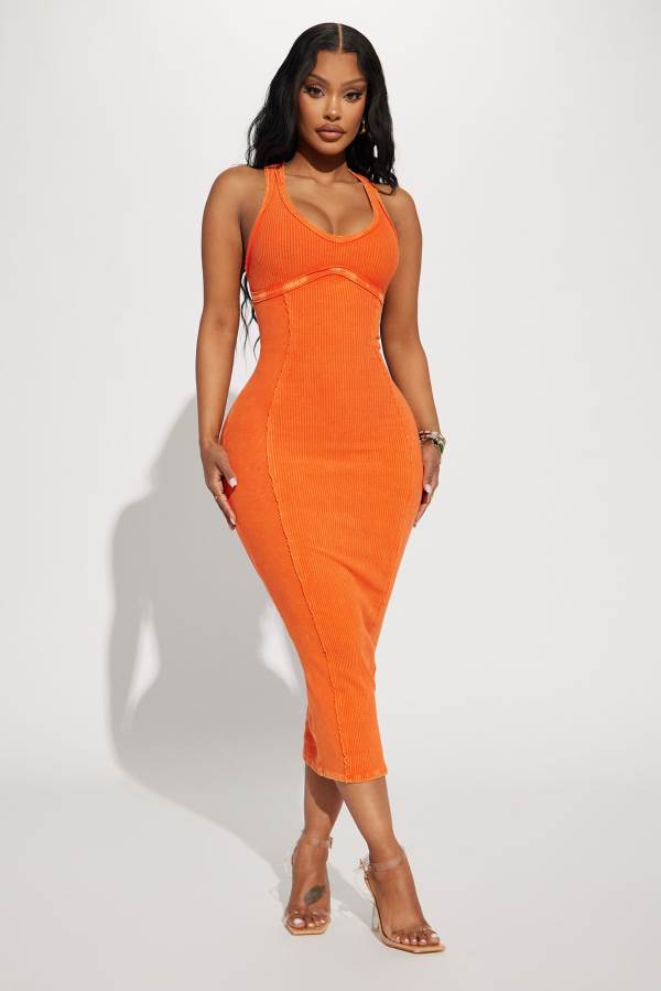 Orange Fashion Nova Sun Kiss Mineral Wash Midi Women Dress USA | 205834SGE