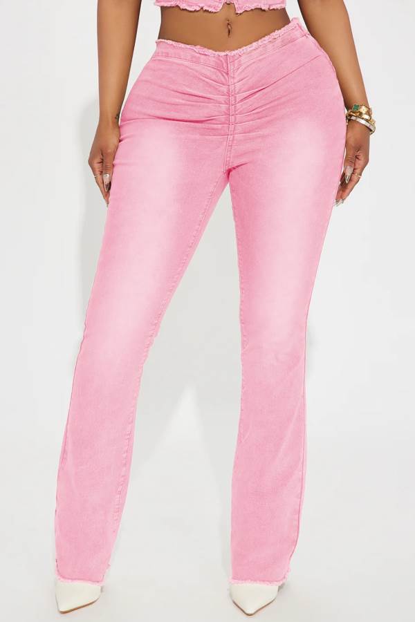 Pink Fashion Nova Coming Back Frayed V Waistband Flare Women Pants USA | 438610WNZ