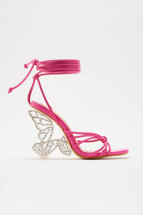 Pink Fashion Nova Fly Away With Me Embellished Wrap Up Heeled Women Sandals USA | 694108TXR