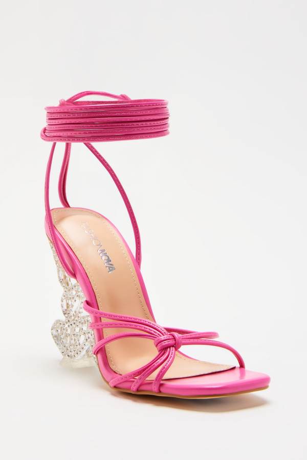 Pink Fashion Nova Fly Away With Me Embellished Wrap Up Heeled Women Sandals USA | 694108TXR