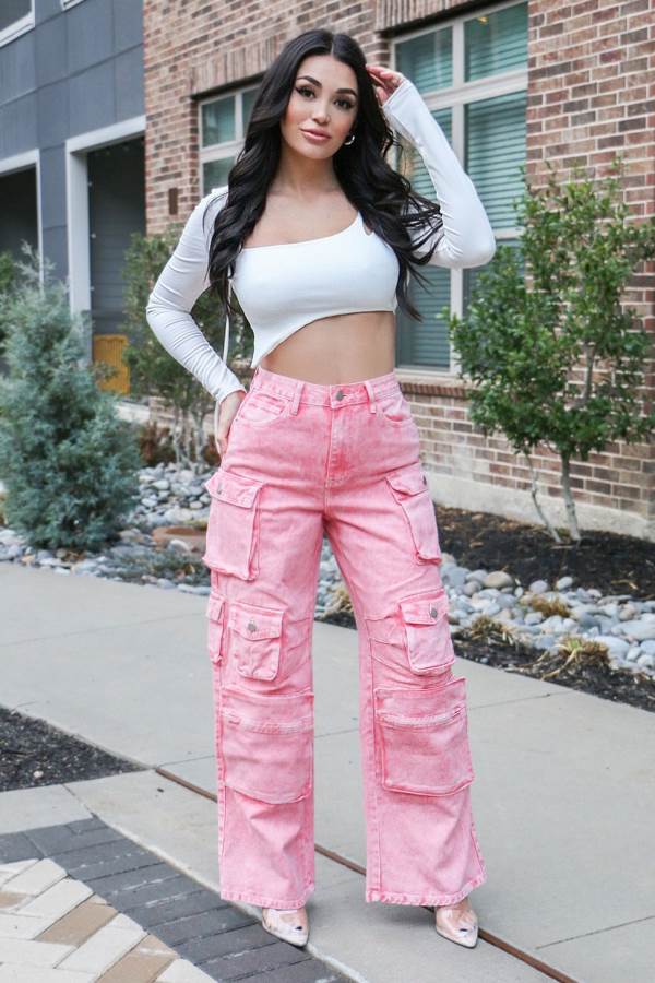 Pink Fashion Nova Lily High Rise Cargo Women Jeans USA | 613427SWA