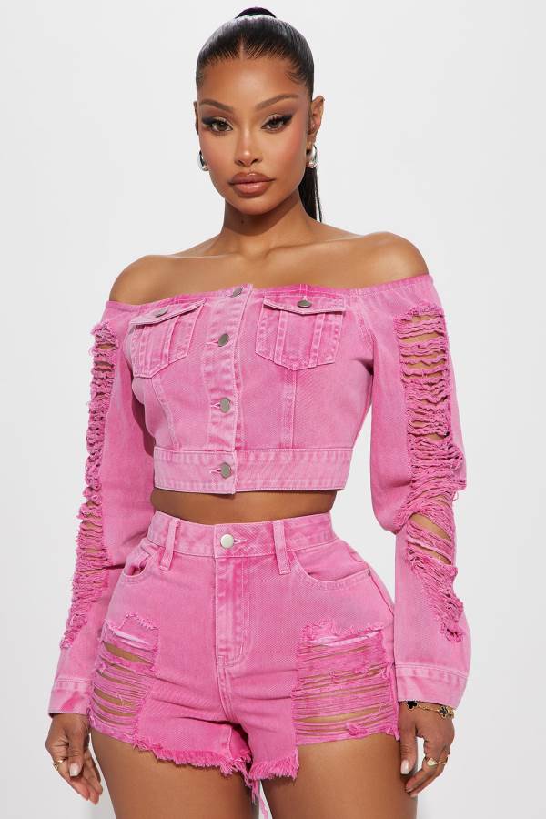 Pink Fashion Nova Lovestruck Off The Shoulder Denim Top Women Tops USA | 503289DBW