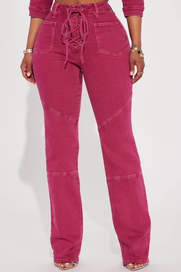 Pink Fashion Nova Oasis Lace Up Straight Leg Women Jeans USA | 462509UTM