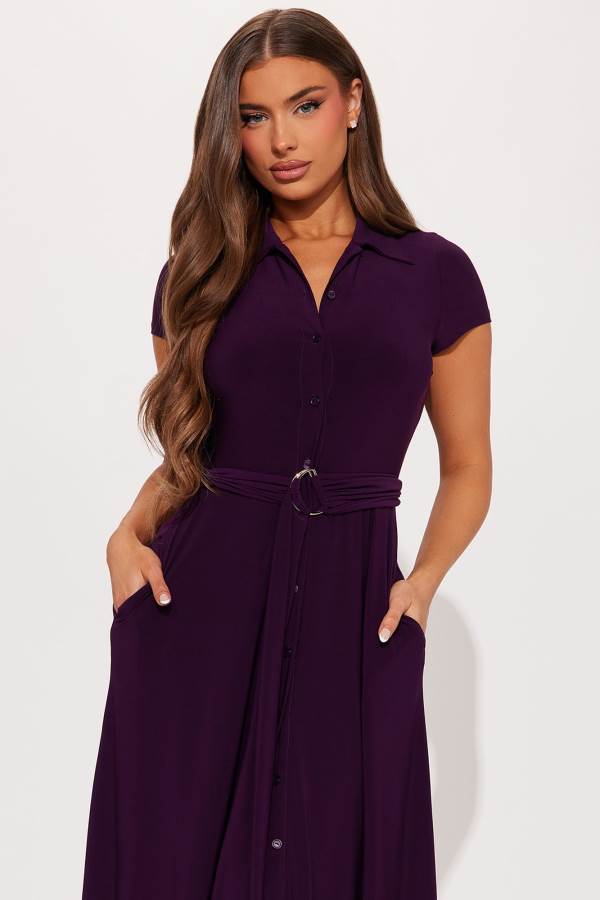 Purple Fashion Nova Elise Button Up Midi Women Dress USA | 931708FPE