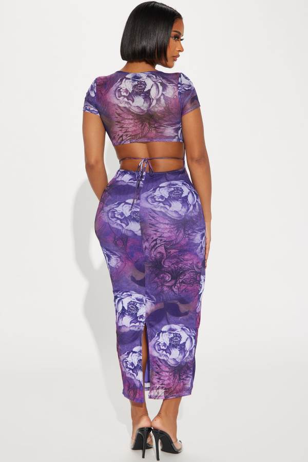 Purple Fashion Nova Flourishing Mesh Maxi Women Dress USA | 068935JOX