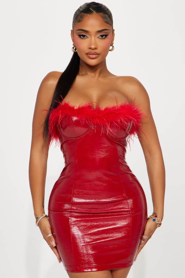 Red Fashion Nova Bombshell Babe Faux Leather Mini Women Dress USA | 210369ERK