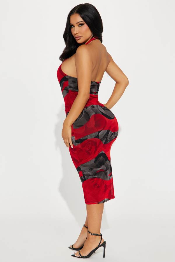 Red Fashion Nova Burnin' Up Mesh Midi Women Dress USA | 384027ZPX