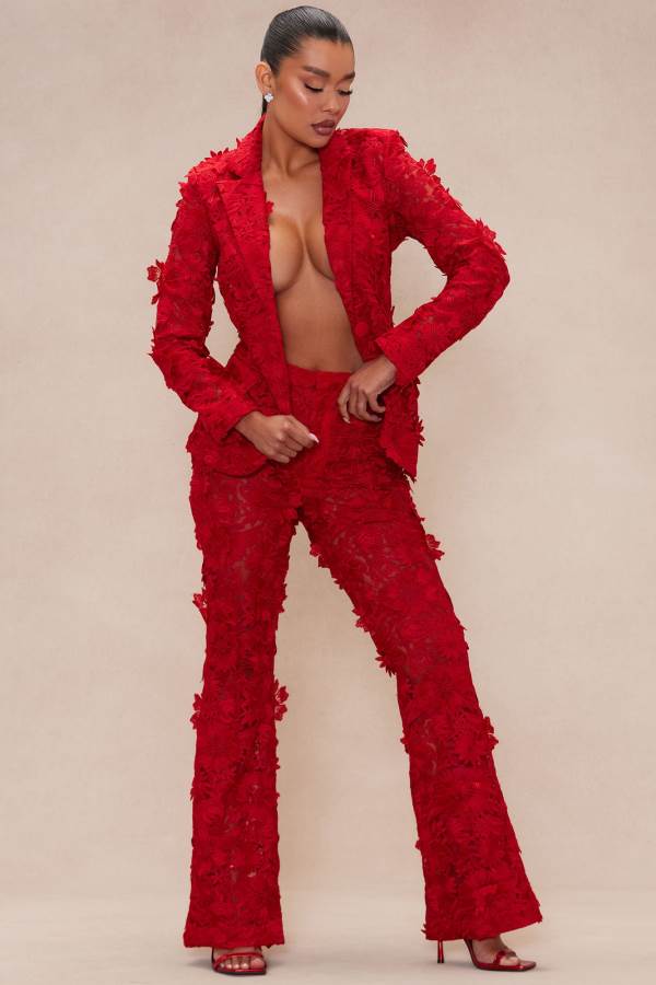 Red Fashion Nova Denise Embroidered Women Pants USA | 618407KGX