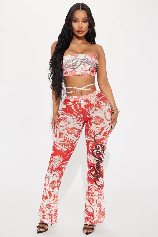 Red Fashion Nova Ed Hardy Amor Mesh Pant Set Women Pants USA | 259837HKA