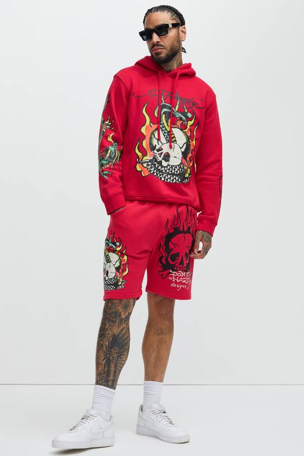 Red Fashion Nova Ed Hardy Flame Cobra Sweat Men Shorts USA | 074169TEQ