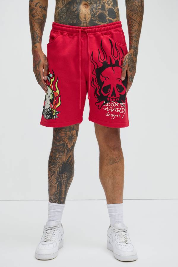 Red Fashion Nova Ed Hardy Flame Cobra Sweat Men Shorts USA | 074169TEQ