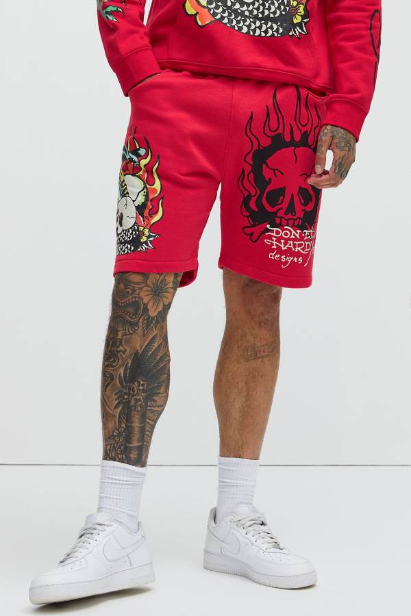 Red Fashion Nova Ed Hardy Flame Cobra Sweat Men Shorts USA | 074169TEQ