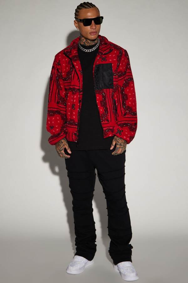 Red Fashion Nova Eyes On Paisley Print Fleece Men Jacket USA | 490235JTU