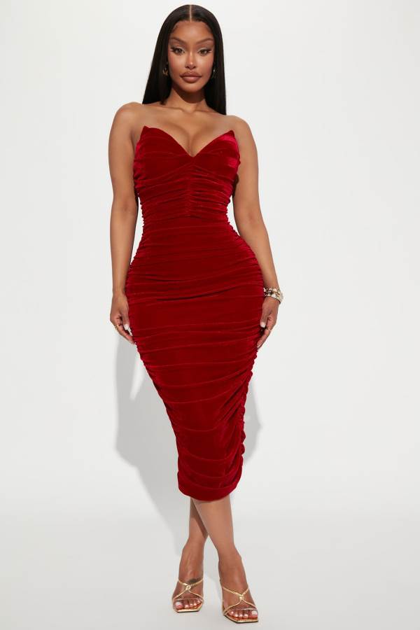 Red Fashion Nova Forever Royalty Velvet Midi Women Dress USA | 097358XUN