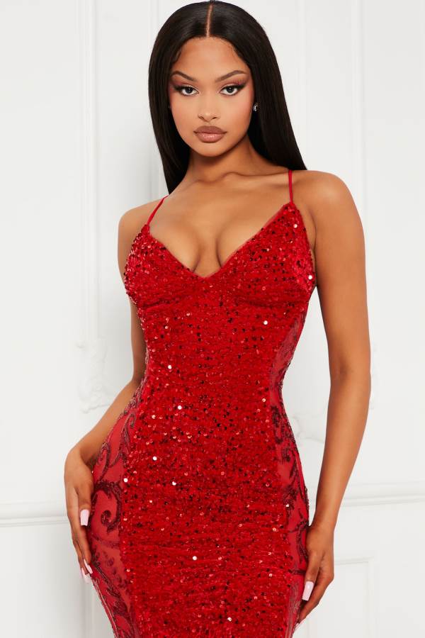 Red Fashion Nova Kaylia Sequin Maxi Women Dress USA | 782409VRE