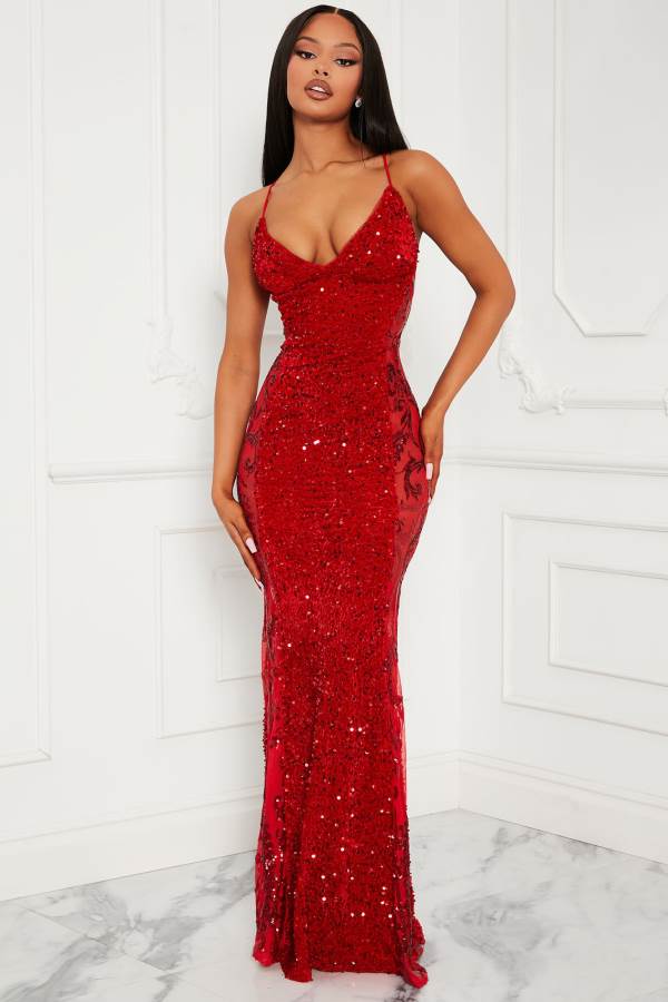 Red Fashion Nova Kaylia Sequin Maxi Women Dress USA | 782409VRE