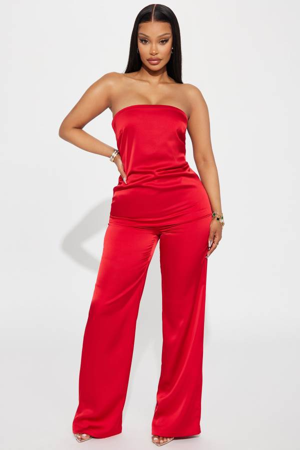 Red Fashion Nova Natasha Satin Pant Set Women Pants USA | 284956EDO