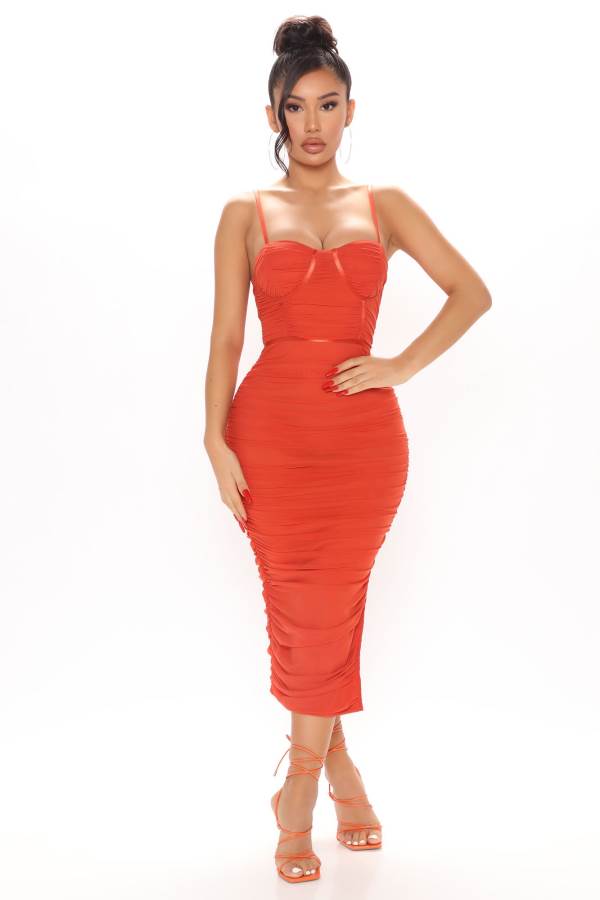 Red Fashion Nova Night Sensation Ruched Midi Women Dress USA | 451083YRF