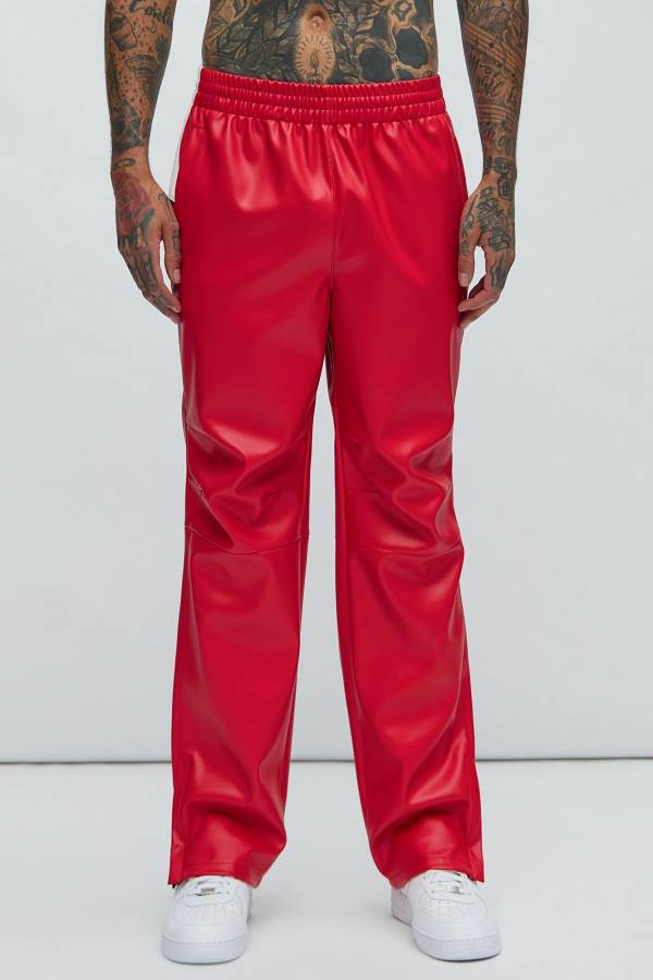 Red Fashion Nova River Faux Leather Track Men Pants USA | 601392FZD