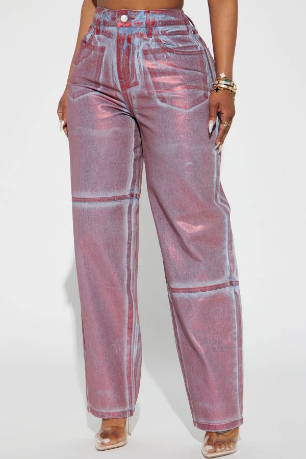 Red Fashion Nova Rosa Non Stretch Straight Leg Metallic Women Jeans USA | 083674OCZ