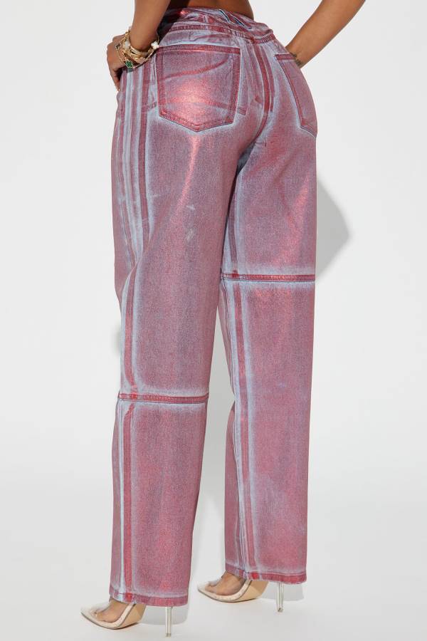 Red Fashion Nova Rosa Non Stretch Straight Leg Metallic Women Jeans USA | 083674OCZ