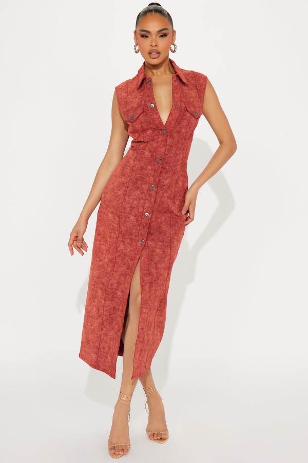 Red Fashion Nova Sadie Denim Maxi Women Dress USA | 975208GQP