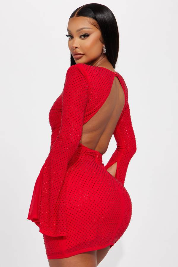 Red Fashion Nova Sarah Rhinestone Mesh Mini Women Dress USA | 547063VKO