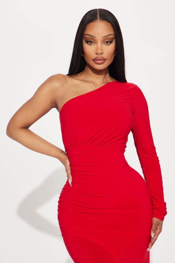 Red Fashion Nova Stacy Ruched Maxi Women Dress USA | 863041INF