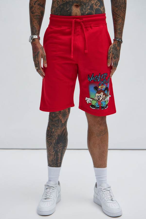 Red Fashion Nova Wasted Bear Men Sweatshorts USA | 451089UKH