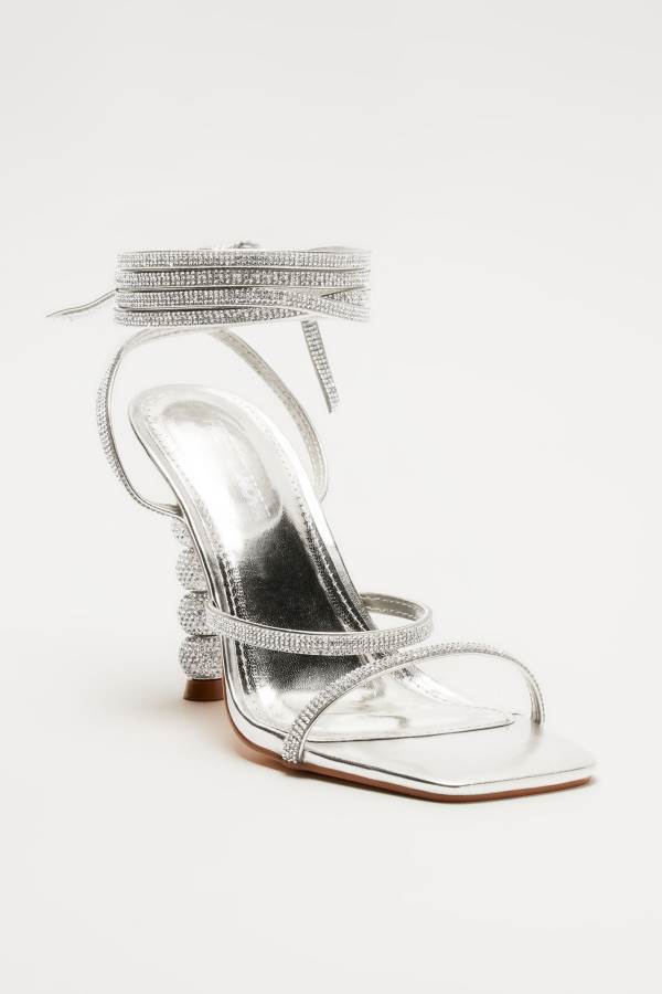 Silver Fashion Nova All The Glamour Embellished Wrap Up Heeled Women Sandals USA | 583497DWK