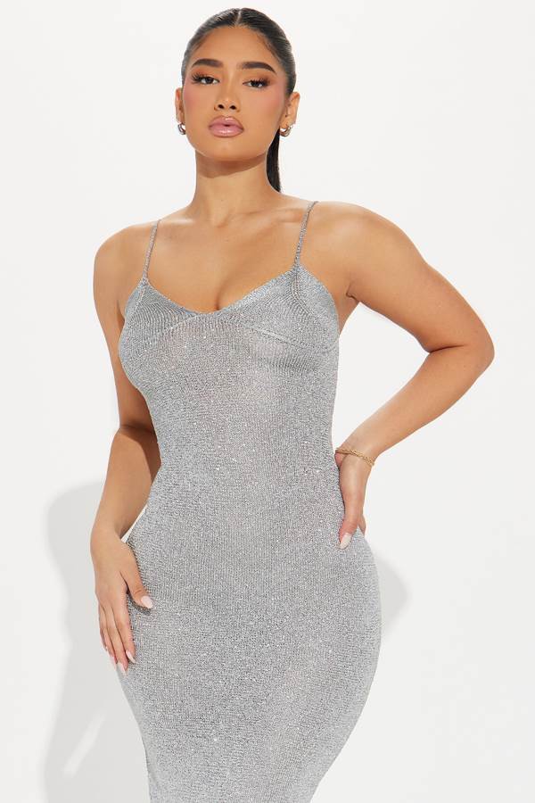 Silver Fashion Nova Angeline Metallic Knit Maxi Women Dress USA | 634780KYF