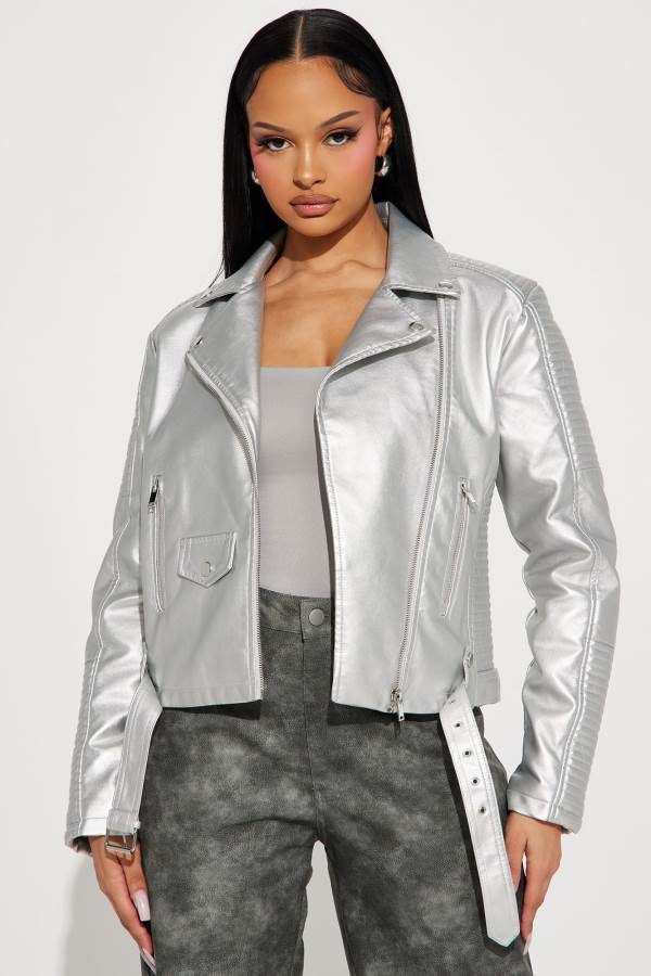 Silver Fashion Nova Can\'t Stop Me Now PU Leather Women Jacket USA | 780561THI