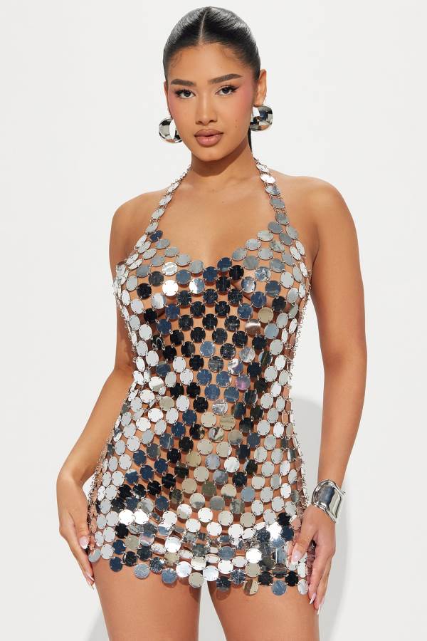 Silver Fashion Nova Dancing In Paillettes Mini Women Dress USA | 561372EPN