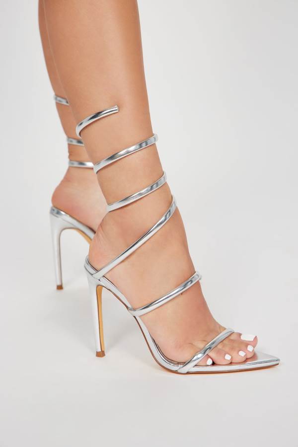 Silver Fashion Nova Formally Invited Strappy Heeled Women Sandals USA | 052378PZS