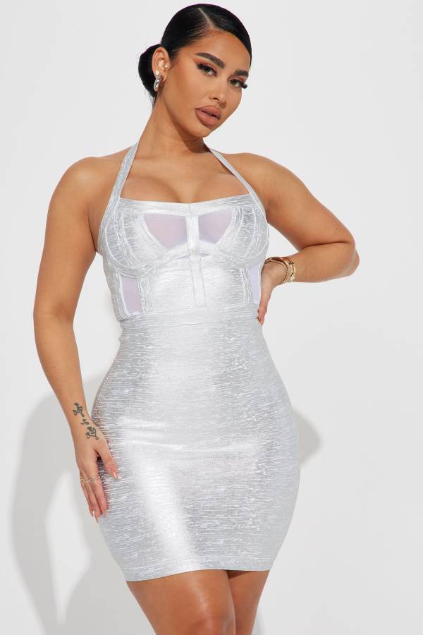 Silver Fashion Nova Futuristic Metallic Bandage Mini Women Dress USA | 325961UMN