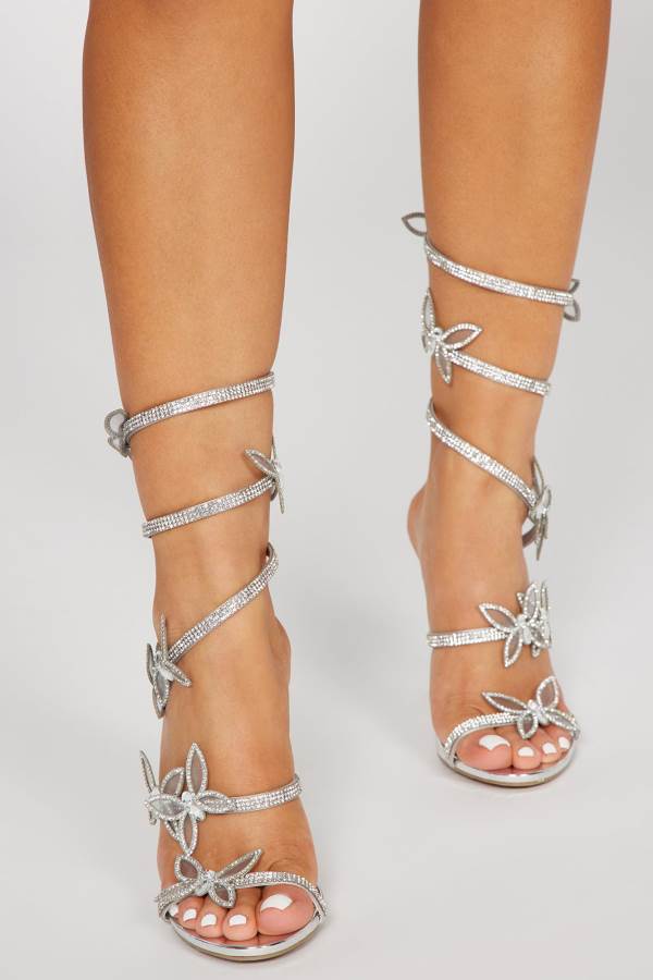 Silver Fashion Nova Girly Vibes Wrap Up Heeled Women Sandals USA | 124580MRP