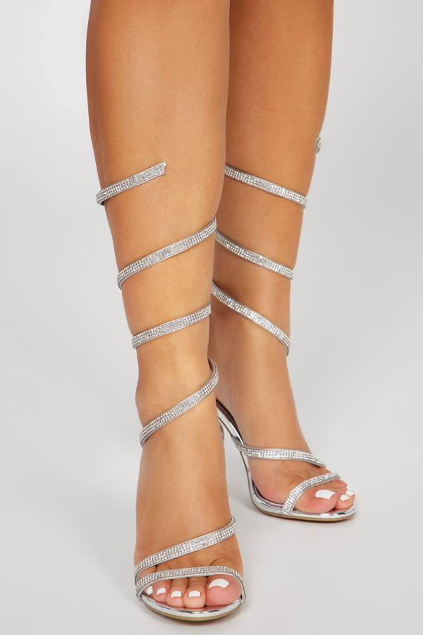 Silver Fashion Nova Need To Know Wrap Up Heeled Women Sandals USA | 260398RGO