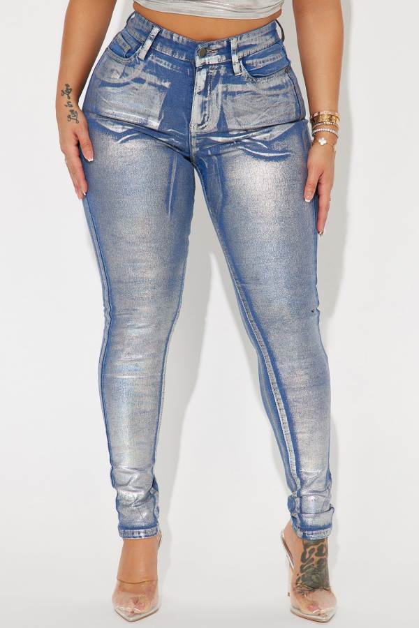 Silver Fashion Nova She's Glowing Metallic Foil Stretch Skinny Women Jeans USA | 576042KPX