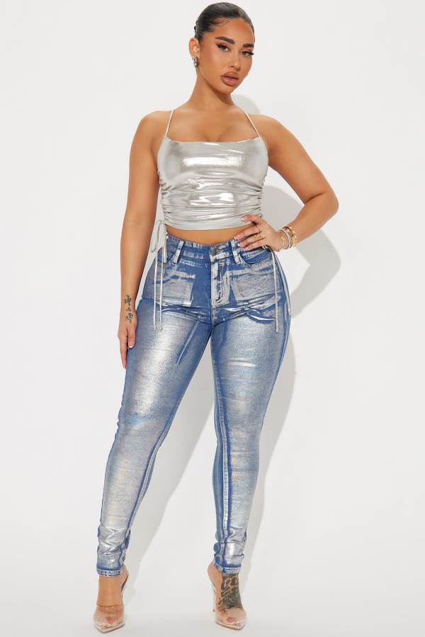 Silver Fashion Nova She\'s Glowing Metallic Foil Stretch Skinny Women Jeans USA | 576042KPX