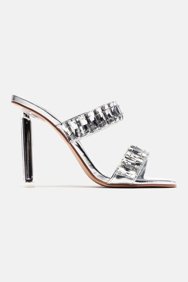 Silver Fashion Nova Still The One Embellished Heeled Women Sandals USA | 942805IWT