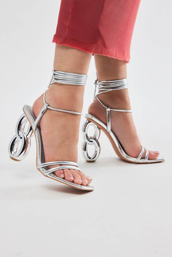 Silver Fashion Nova Super Babe Metallic Wrap Up Heeled Women Sandals USA | 143978YCH