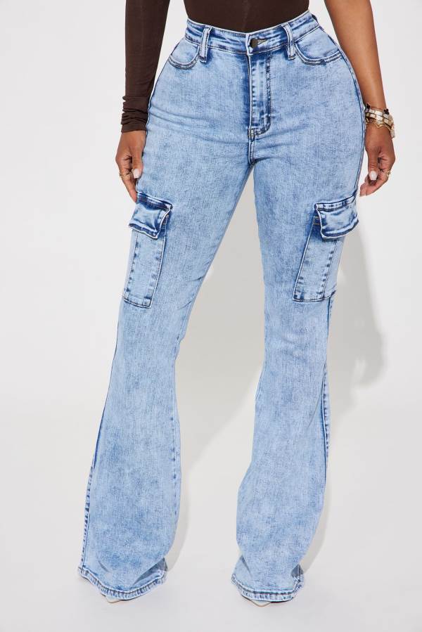 Wash Blue Fashion Nova That A Girl Stretch Cargo Flare Women Jeans USA | 512469KJO