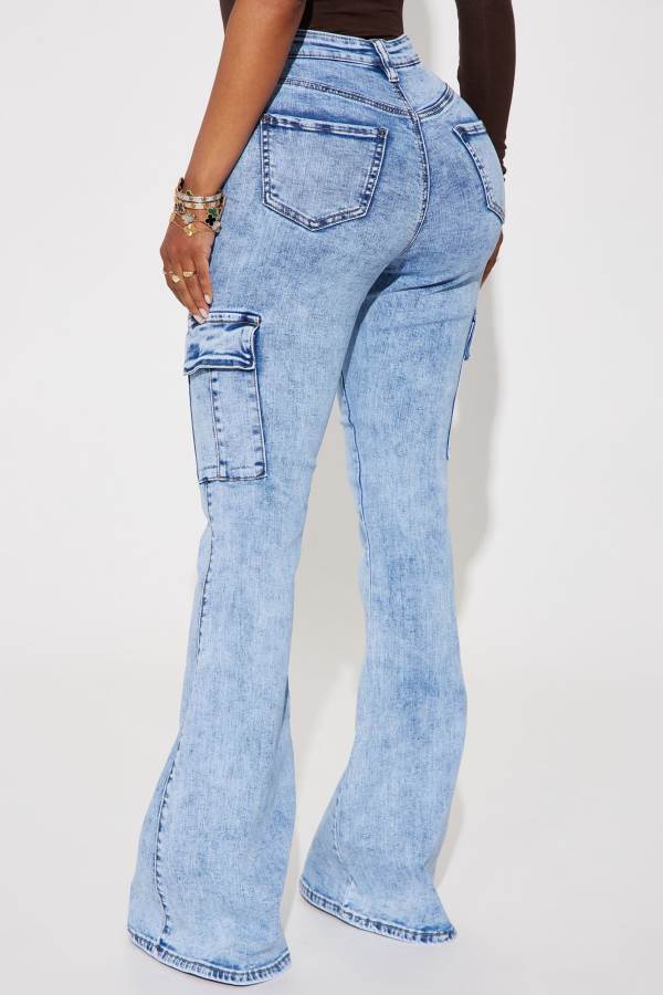 Wash Blue Fashion Nova That A Girl Stretch Cargo Flare Women Jeans USA | 512469KJO