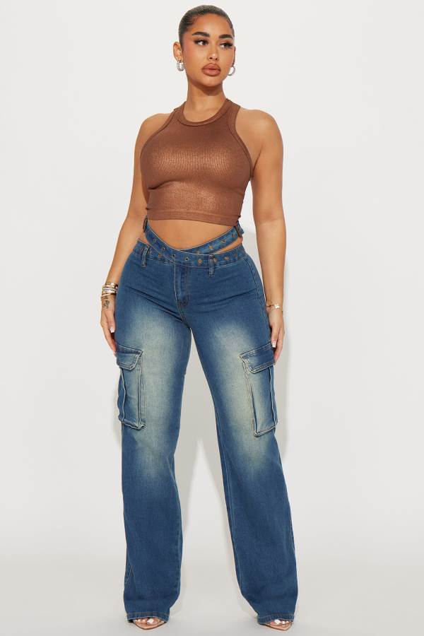 Wash Fashion Nova Burning Desire Belted Cargo Women Jeans USA | 806523RKY