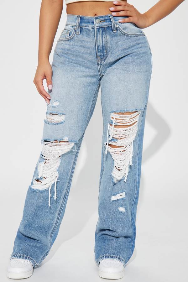 Wash Fashion Nova Call It Quits Ripped Straight Leg Women Jeans USA | 078693KHN