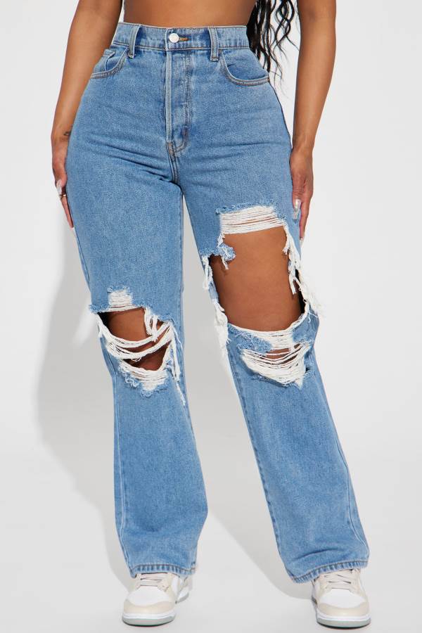 Wash Fashion Nova Drive You Crazy Ripped Non Stretch Straight Leg Women Jeans USA | 287901XDA