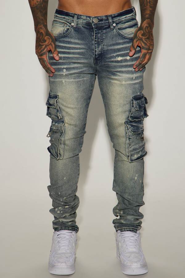 Wash Fashion Nova Loaded Stacked Skinny Cargo Men Jeans USA | 419730IOY