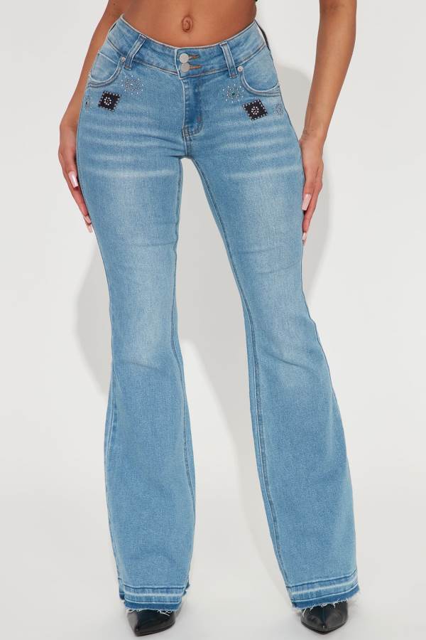 Wash Fashion Nova Outlaw Embellished Mid Rise Flare Women Jeans USA | 967185JEY