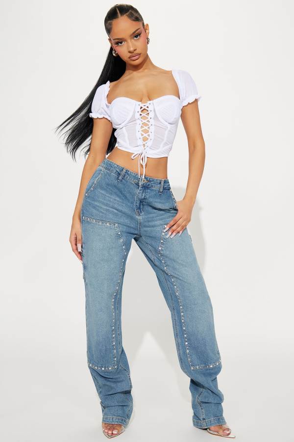 Wash Fashion Nova Star Studded Embellished Straight Leg Carpenter Women Jeans USA | 071346IBJ