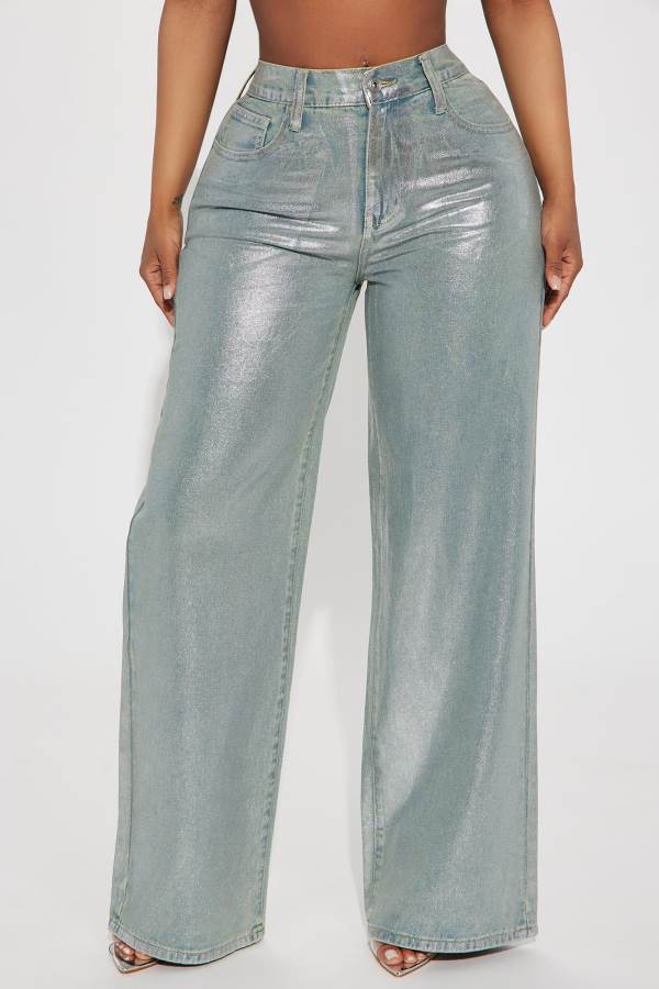 Wash Fashion Nova The Silver Screen Metallic Baggy Women Jeans USA | 835160HKM